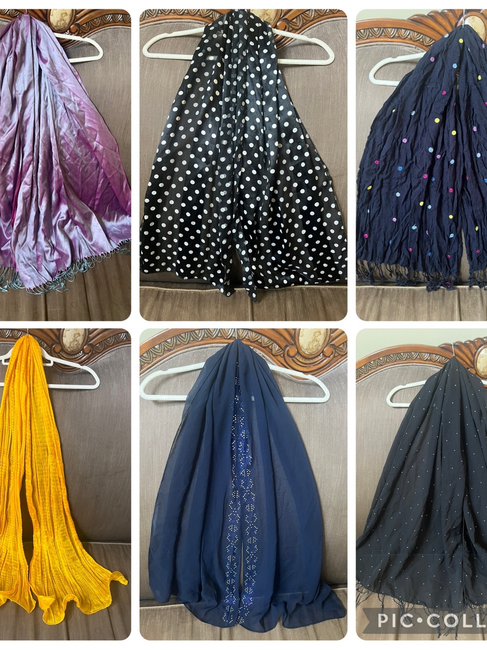 Mixed Lot of Six Lightweight Scarves - Polka Dot, Navy, Yellow, Purple, Black